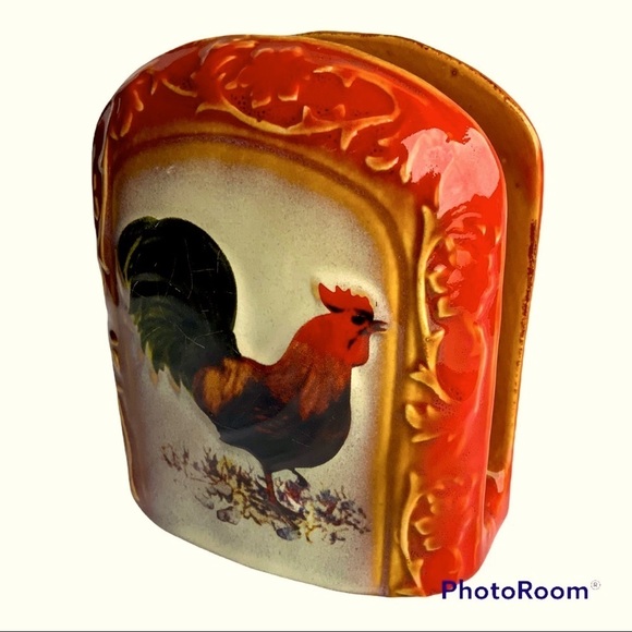 Farmhouse Rooster Ceramic Napkin Holder Glazed Hand Painted Ceramic Multicolor - Picture 2 of 13